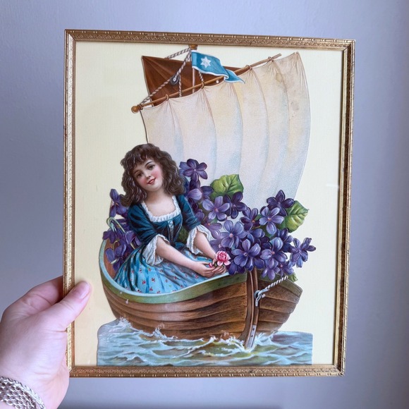 Other - Antique Framed Paper Card Art Girl‎ Boat Violets Gold Frame